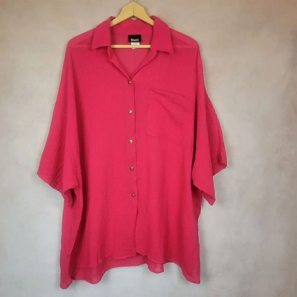 Vintage Dotti Red Short Sleeve Button Down Oversized Shirt Size XL